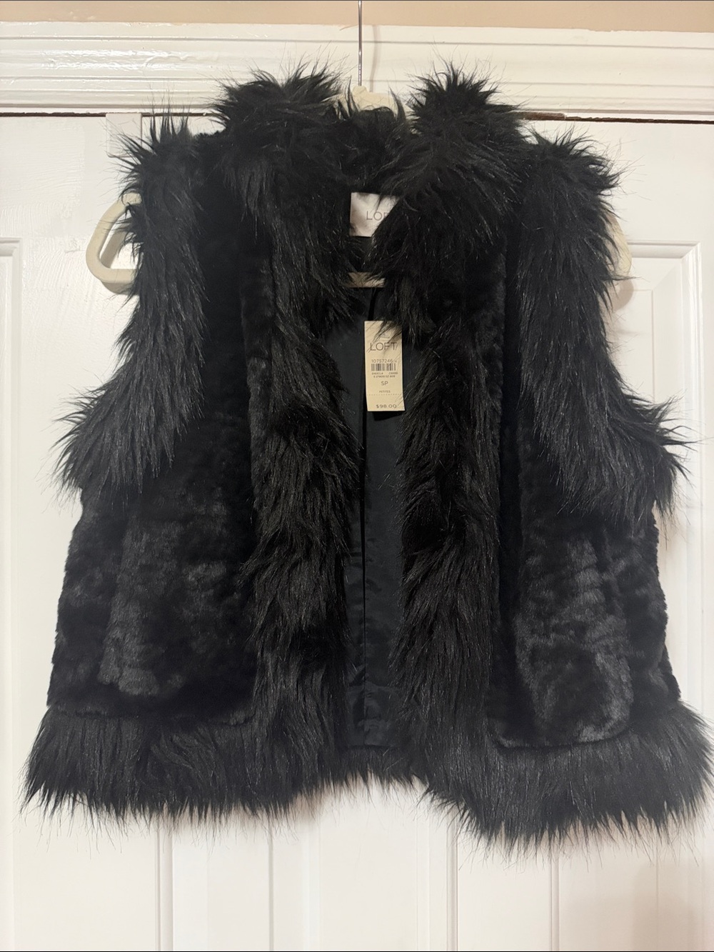 LOFT Black Faux Fur Vest with Plush Trim
